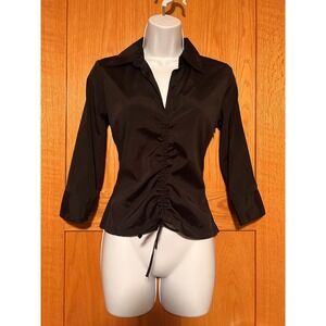 Vintage Tangents Black Ruched Cinch Front Sheen Blouse 3/4 Sleeve V-Neck Top XS